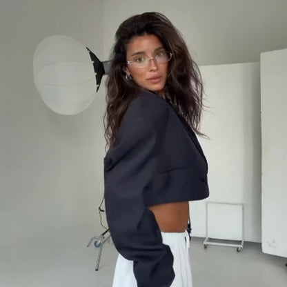 Women Cropped Boxy Blazer with Sculptured Shoulders and Boxy Silhouette EVA-US