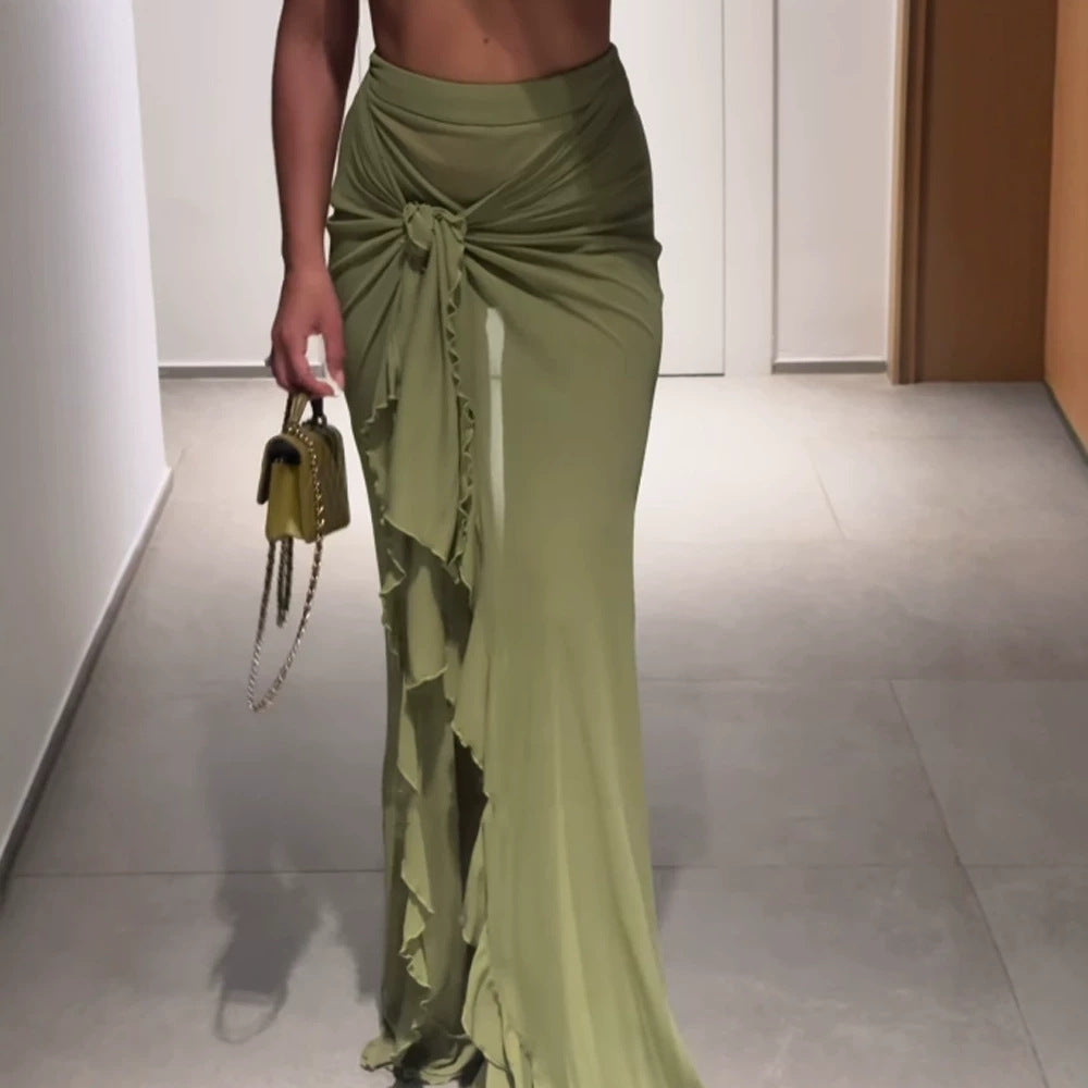 Women High-Waisted Maxi Skirt with Asymmetrical Gather, Knot Detail and Ruffle Split EVA-US