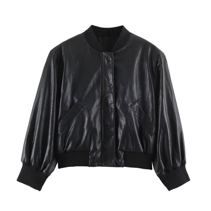Women's bomber jacket in leather look with hidden flap, figure-hugging ribbed waistband and slanted flap pockets EVA-US