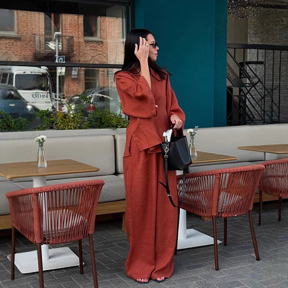 Women Casual Linen Look Two Piece with Kimono Blazer and Wide Palazzo Pants EVA-US
