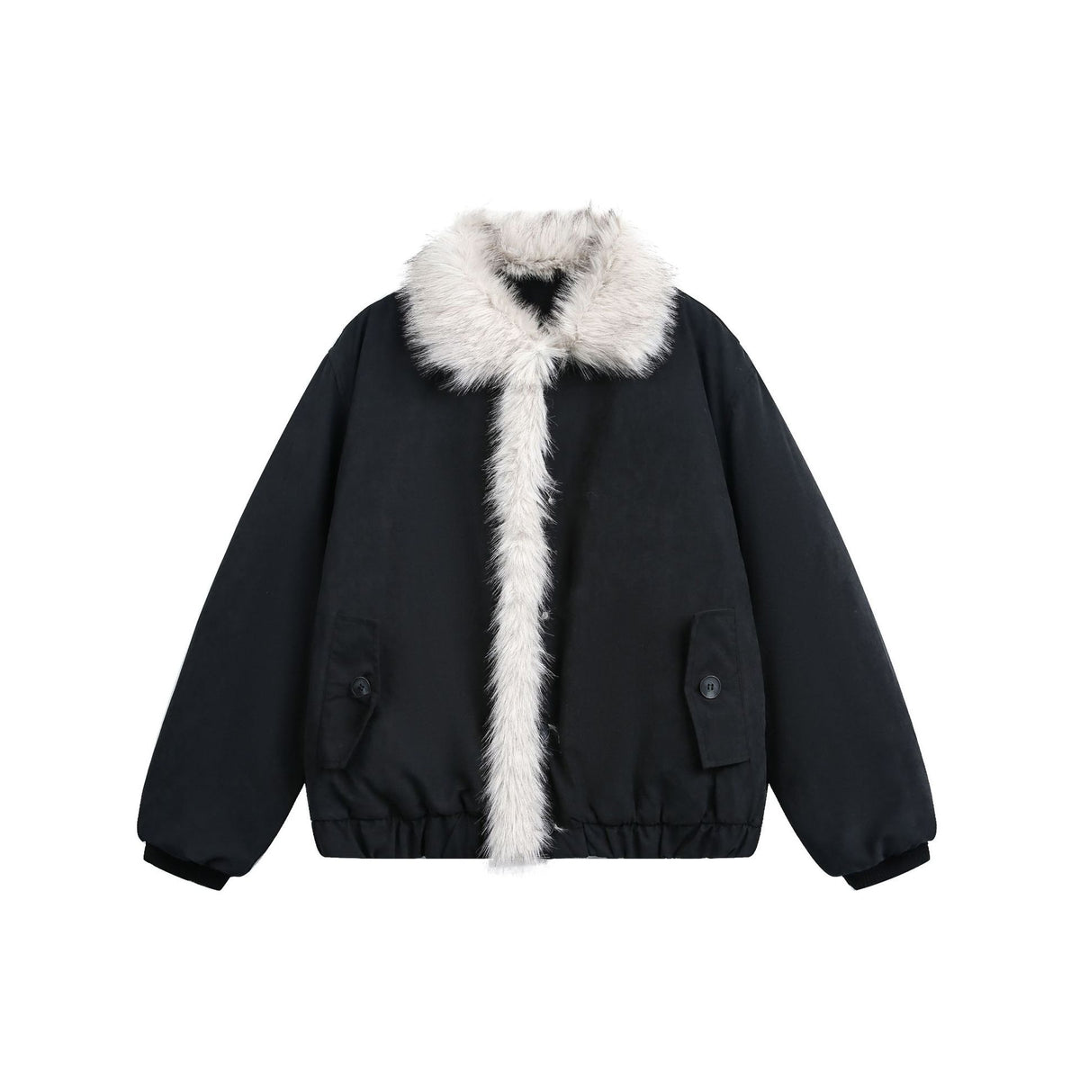 Women's short jacket in boxy cut with wide faux fur collar EVA-US