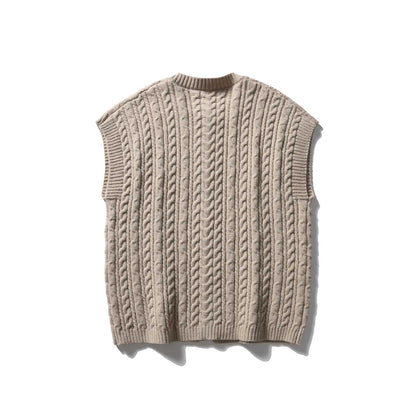 Women's Sleeveless Cable Knit Vest with Wooden Buttons and Ribbed Hem EVA-US
