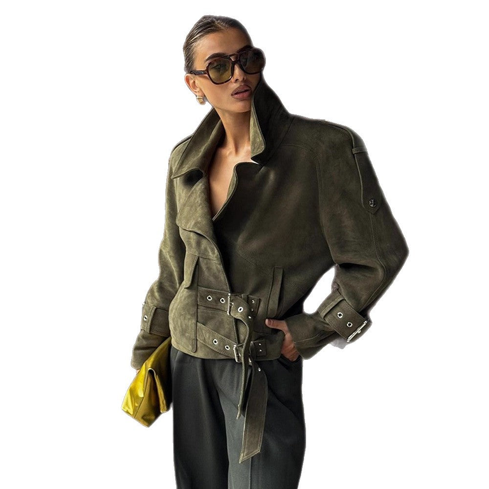 Ladies short jacket made of suede look with waist belt, buckles & oversized collar EVA-US