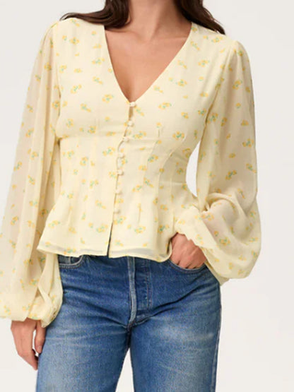 Women’s jacquard lace blouse with tailored peplum and balloon sleeves EVA-US