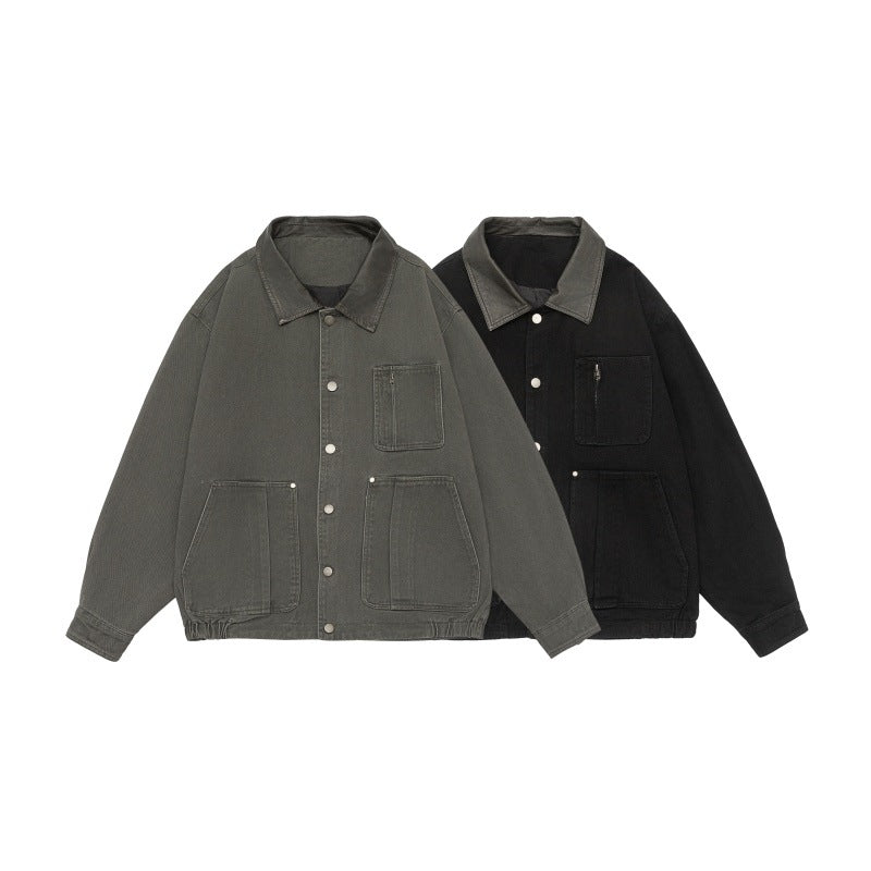 Men's Boxy Canvas Field Blouson with Snap Button Placket and Large Utility Pockets EVA-US