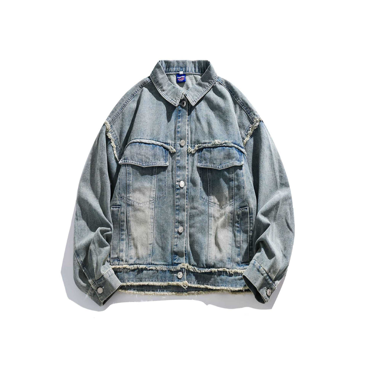 Unisex Oversize Denim Jacket with Fringe Finishes and Utility Pockets EVA-US
