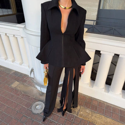 Women's fitted zip blazer with peplum & structured shoulder EVA-US