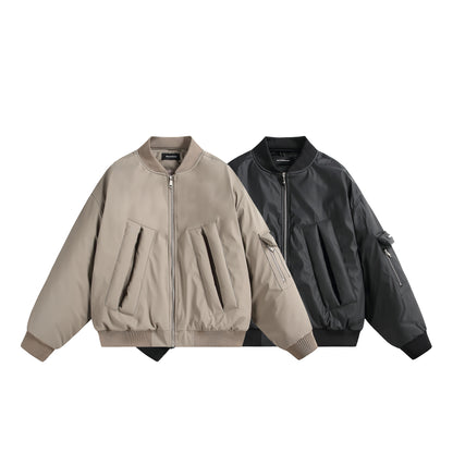 Unisex Short Cut Oversized Puffer Jacket with Utility Arm Pocket and Ribbed Cuffs EVA-US