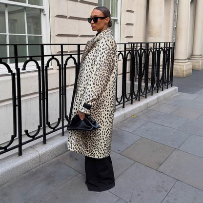 Women's Mid-Length Faux Fur Coat with Distinctive Spot Pattern and Notched Collar EVA-US