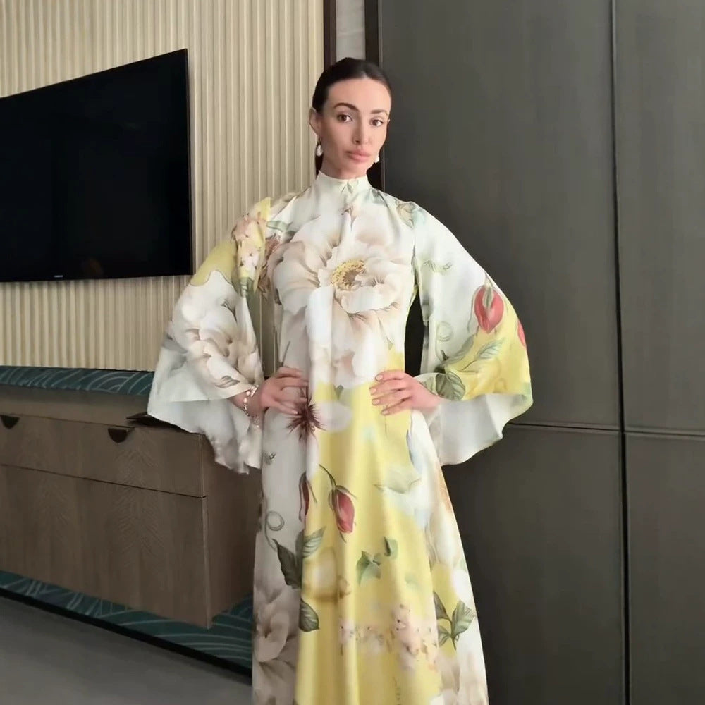 Women Floral Maxi Dress with High Stand Collar and Wide Bell Sleeves EVA-US