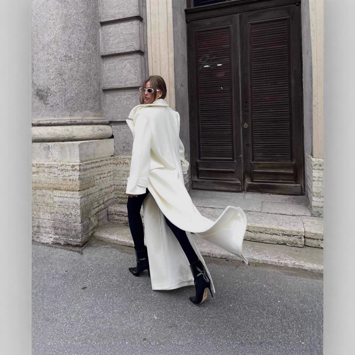 Women's Maxi Length Tailored Wool Blend Coat with Wrap Belt and Generous Notch Collar EVA-US
