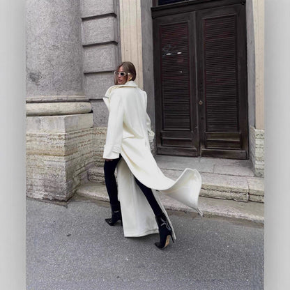 Women's Maxi Length Tailored Wool Blend Coat with Wrap Belt and Generous Notch Collar EVA-US