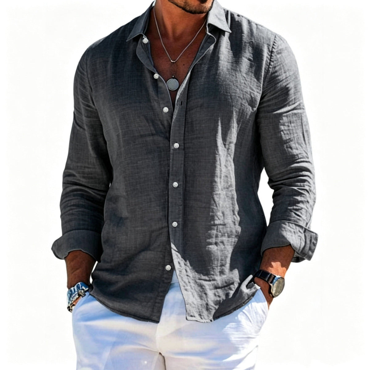 Men's textured linen shirt with open collar, lightweight texture, and casual-tailored fit EVA-US