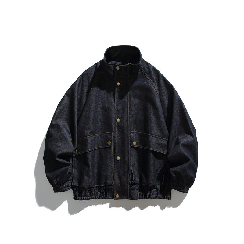 Unisex Boxy Denim Jacket with Stand-up Collar, Snap Button Front and Elastic Hem EVA-US