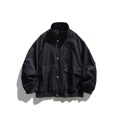 Unisex Boxy Denim Jacket with Stand-up Collar, Snap Button Front and Elastic Hem EVA-US