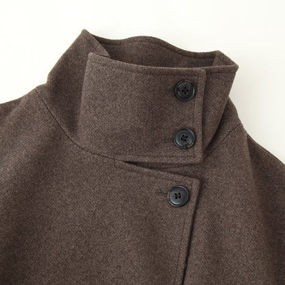 Ladies Mid-length Wool Blend Coat with Stand Collar, Asymmetric Button Placket and Waist Belt EVA-US