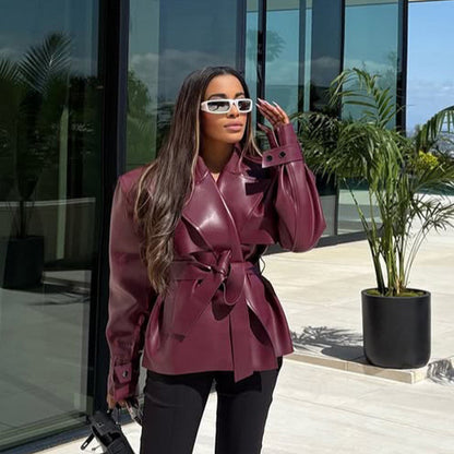 Women Tailored Faux Leather Blouson with Tie Belt and Voluminous Shoulder Section EVA-US