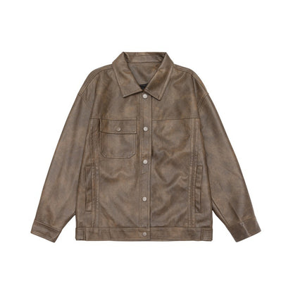 Men's loosely cut overshirt in vintage leather look with snap button front and breast flap EVA-US