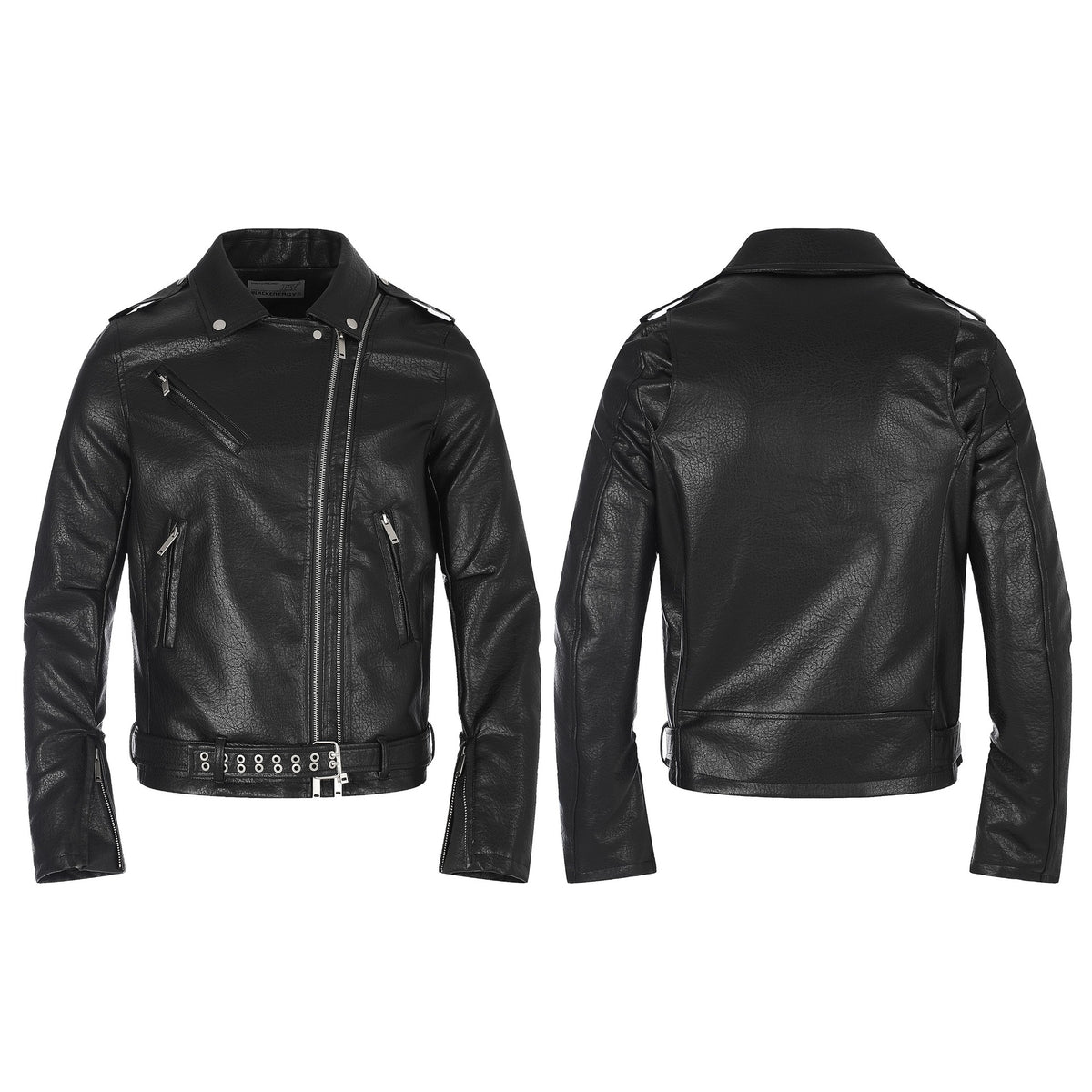 Men's faux leather biker jacket with asymmetrical zipper and eyelet belt EVA-US