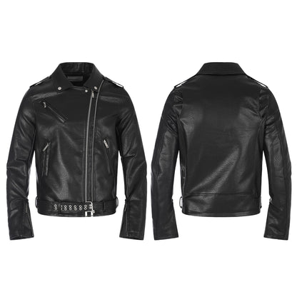 Men's faux leather biker jacket with asymmetrical zipper and eyelet belt EVA-US