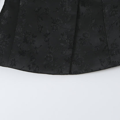 Women's Tailored Jacquard Blazer Jacket with Mandarin Collar and Decorative Knot Closure EVA-US