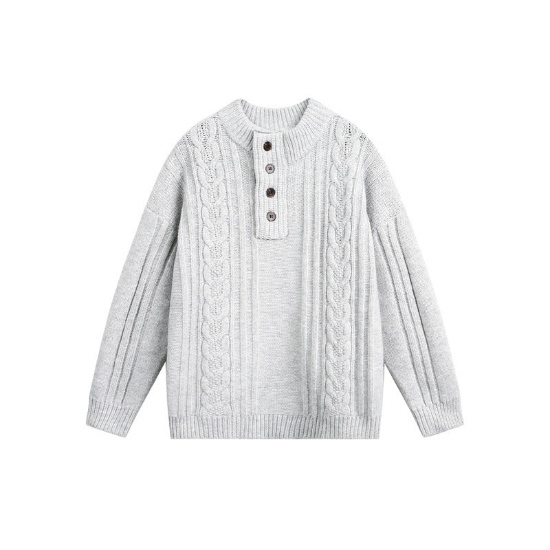 Women's Chunky Knit Cable Knit Sweater with Henley Placket and Stand-Up Collar EVA-US