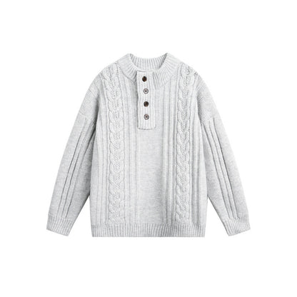 Women's Chunky Knit Cable Knit Sweater with Henley Placket and Stand-Up Collar EVA-US