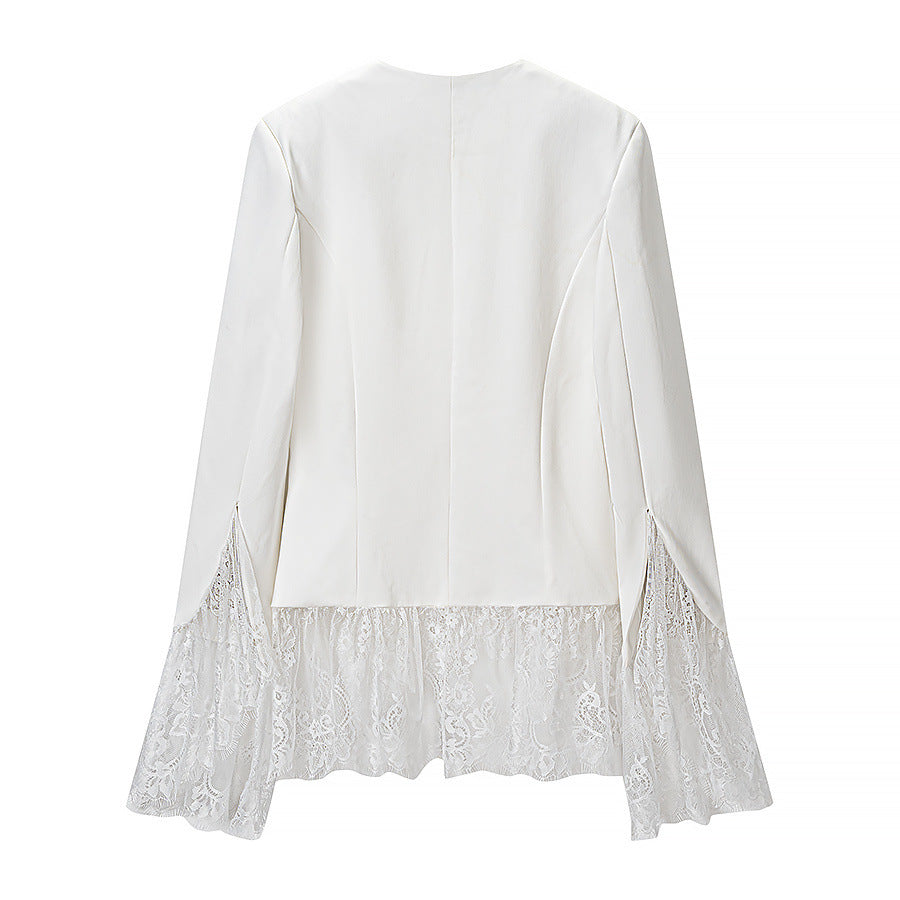 Women's tailored blazer jacket with delicate lace trim and flared sleeves EVA-US