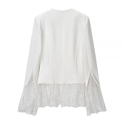 Women's tailored blazer jacket with delicate lace trim and flared sleeves EVA-US
