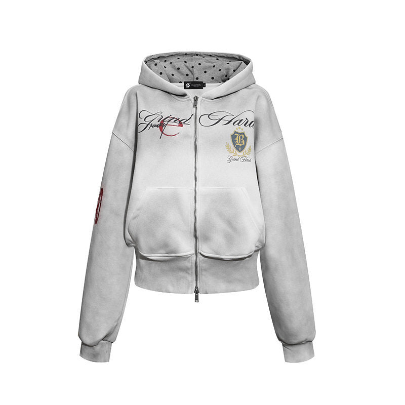 Women's Short-Cut Zip Hoodie made of French Terry with Polka Dot Hood Lining and Emblem Stitch EVA-US