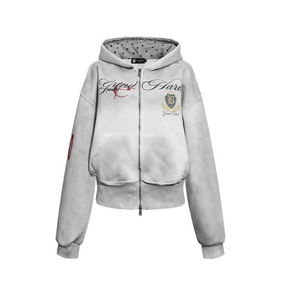 Women's Short-Cut Zip Hoodie made of French Terry with Polka Dot Hood Lining and Emblem Stitch EVA-US