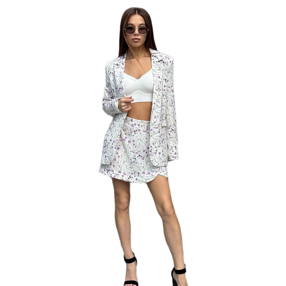 Ladies Floral Blazer and Mini Skirt Set made of textured cotton blend EVA-US
