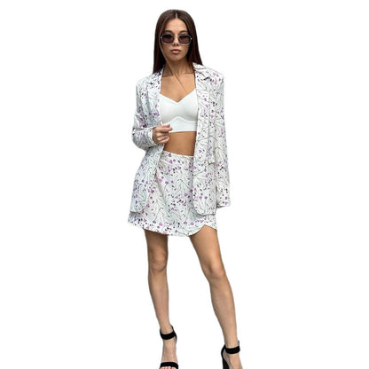 Ladies Floral Blazer and Mini Skirt Set made of textured cotton blend EVA-US