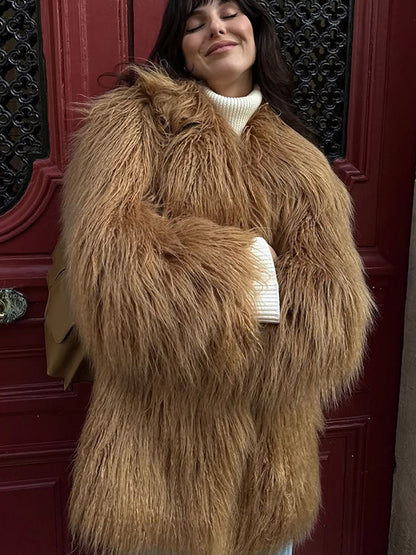 Women's Oversize Shaggy Faux Fur Coat with Long Pile Texture and Concealed Button Placket EVA-US