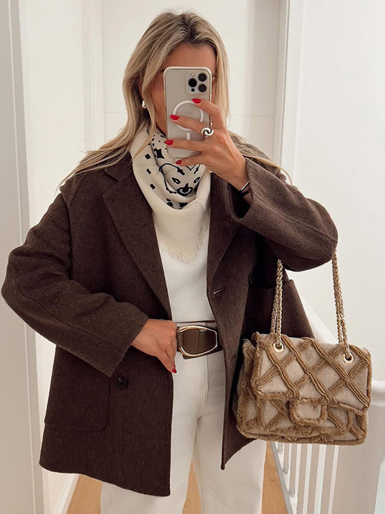 Women's Boxy Wool Blend Cocoon Jacket with Double-Breasted Button Placket and Wide Lapels EVA-US