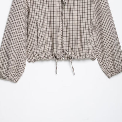 Women Lightweight Hooded Jacket in Check Pattern with Drawstring Hem and Elastic Cuffs EVA-US