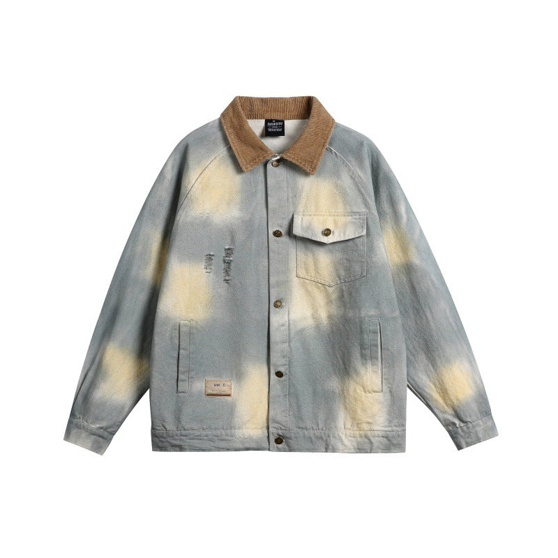 Men's Oversized Denim Jacket with Corduroy Collar and Tie-Dye Effect EVA-US