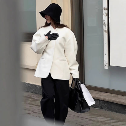 Women Tailored collarless wool blend short coat with clear silhouette EVA-US