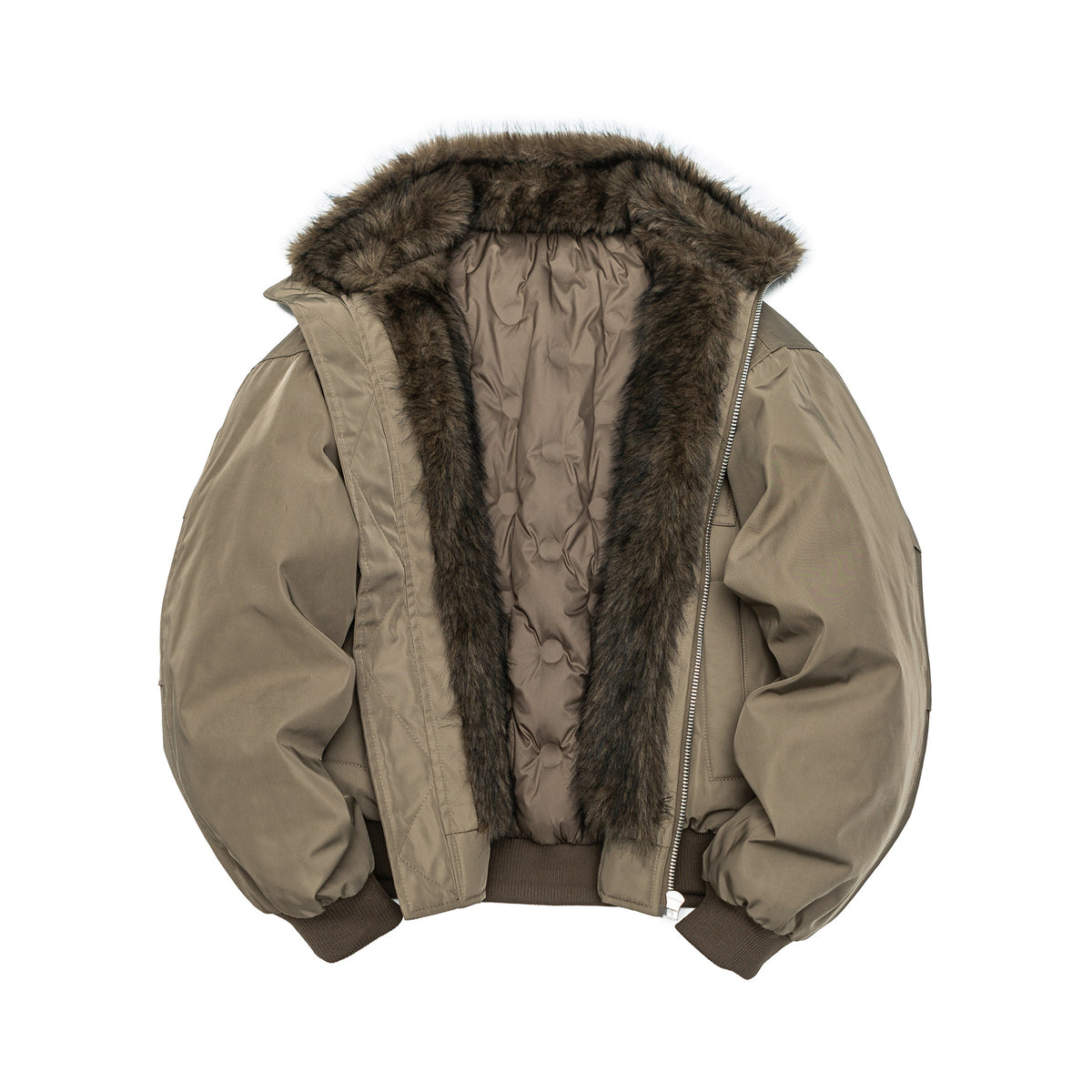Men's Quilted Short Bomber Jacket with Removable Faux Fur Hood and Patch Front Pockets EVA-US