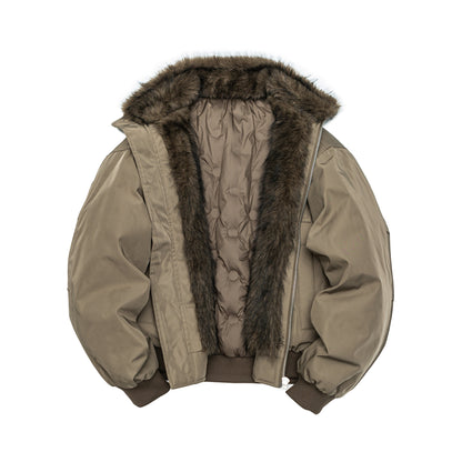 Men's Quilted Short Bomber Jacket with Removable Faux Fur Hood and Patch Front Pockets EVA-US