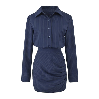 Women Tailored Midi Dress with Shirt Blouse Top and Pinstripe Design EVA-US