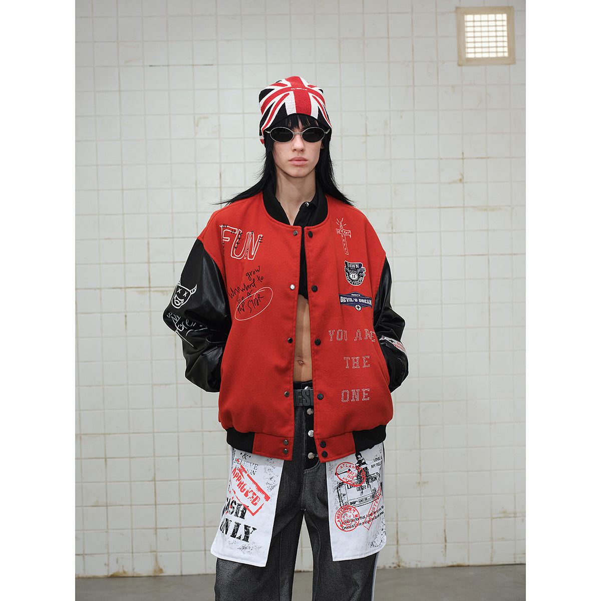 Unisex Varsity Bomber Jacket in College Look with Wool Blend Body and Faux Leather Sleeves EVA-US