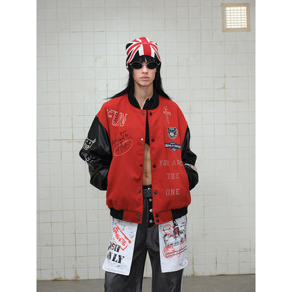 Unisex Varsity Bomber Jacket in College Look with Wool Blend Body and Faux Leather Sleeves EVA-US