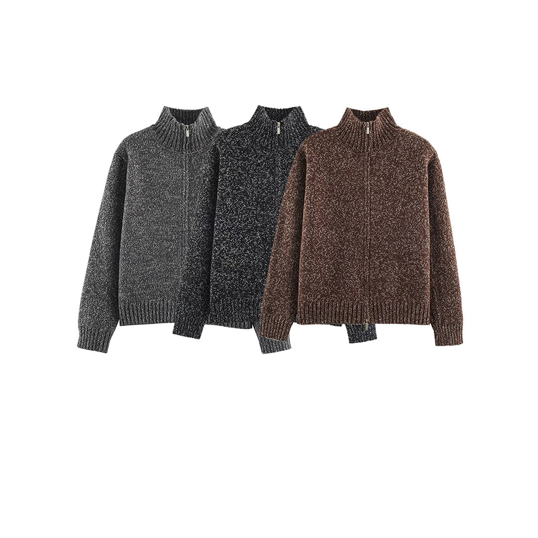 Women's Chunky Knit Zip Sweater with Stand-Up Collar and Ribbed Hem EVA-US