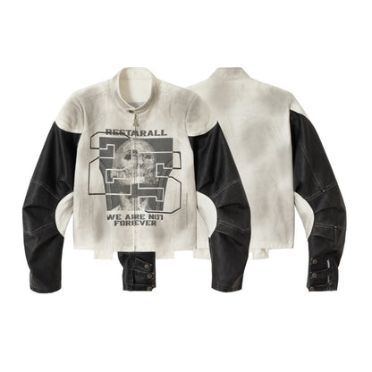 Unisex Short Cut Boxy Biker Jacket in Vintage Leather Look with Graphic Skull Print and Stand-up Collar EVA-US