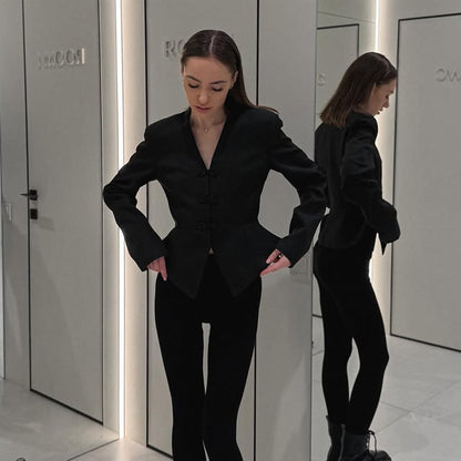 Women's peplum blazer with mandarin-like neckline and decorative knot fastenings EVA-US