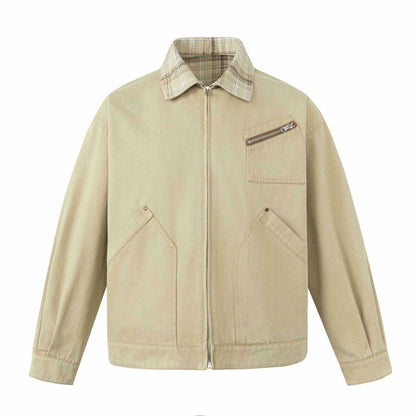 Men's short-cut canvas workwear blouson with check collar and zip chest pocket EVA-US