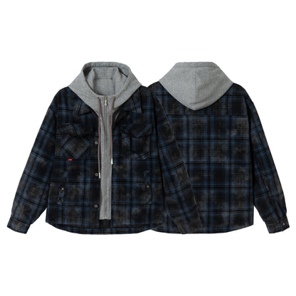 Men's checked layer shirt jacket with integrated hood inner jacket EVA-US