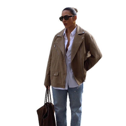 Women's oversized biker jacket made of suede imitation with asymmetrical zipper EVA-US