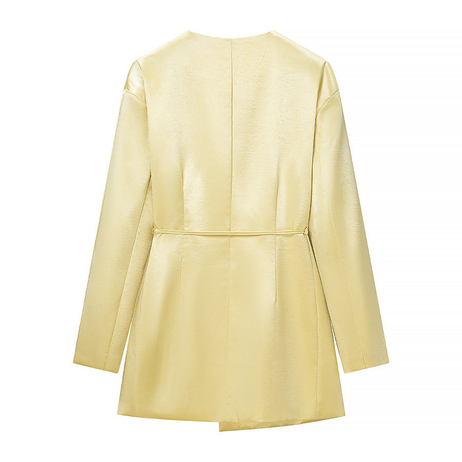 Ladies Two-Piece Satin Ensemble with Wrap Blazer and Wide Pleated Trousers EVA-US